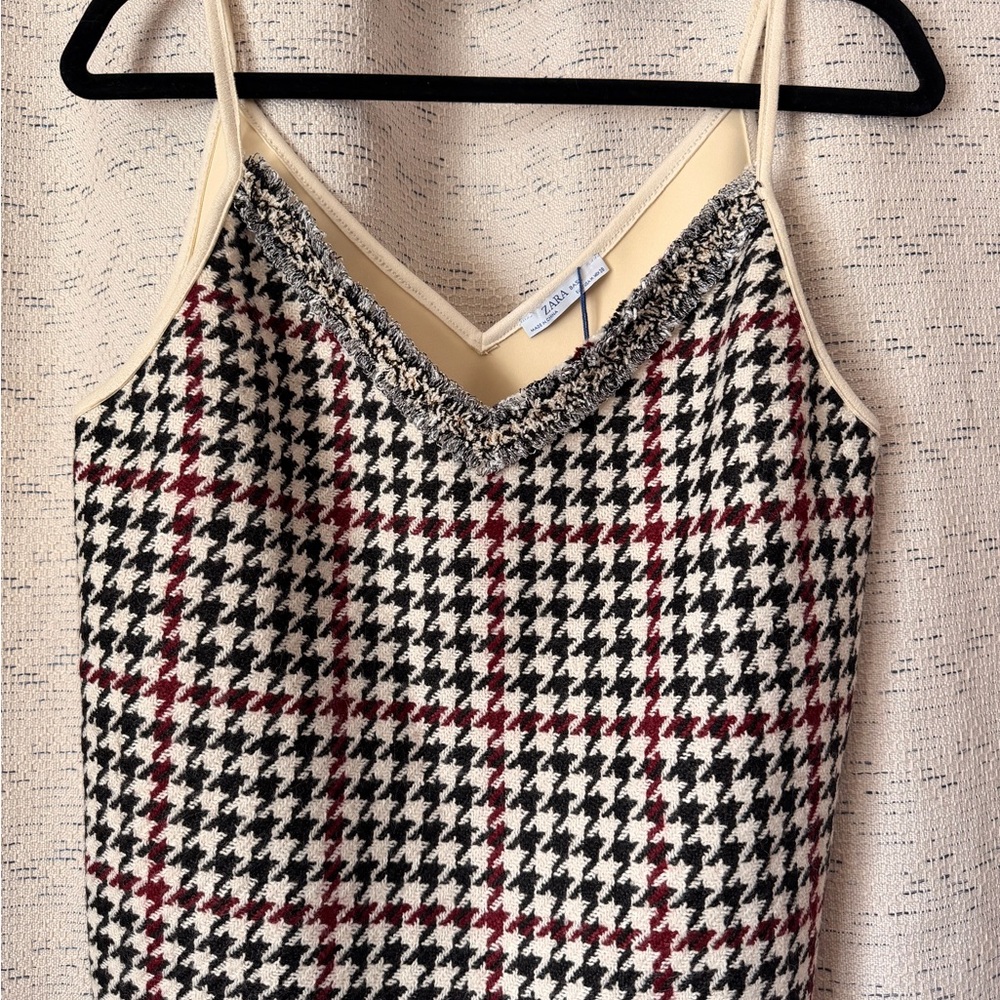 Zara Houndstooth Camisole Tank Top with Frayed Fringed Trim Trim